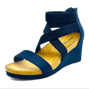 Navy Ankle Strap Open Toe Zipper Platform Wedge Sandals